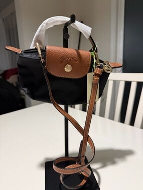 Longchamp Black Nylon Mini Crossbody with Brown Leather Trim